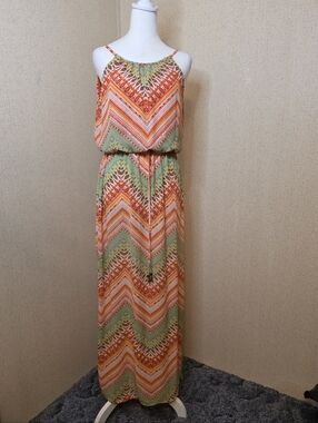 City Studio Womens Orange and Green Chevron Halter Style Maxi Sun Dress